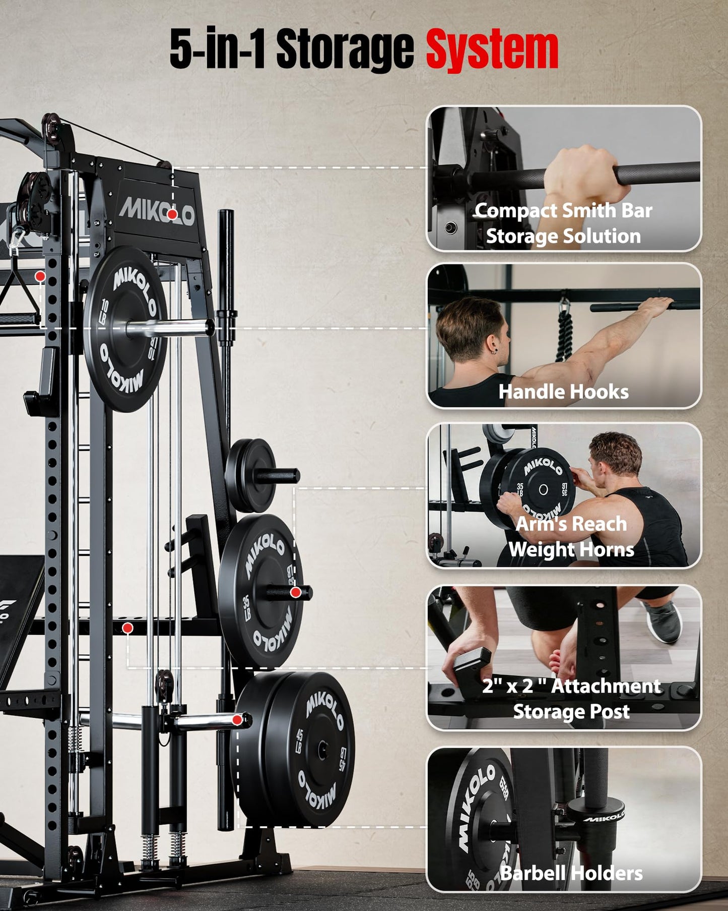 Mikolo Smith Machine, 2200lbs Squat Rack with LAT-Pull Down System & Cable Crossover Machine, Multi-Function Power Cage