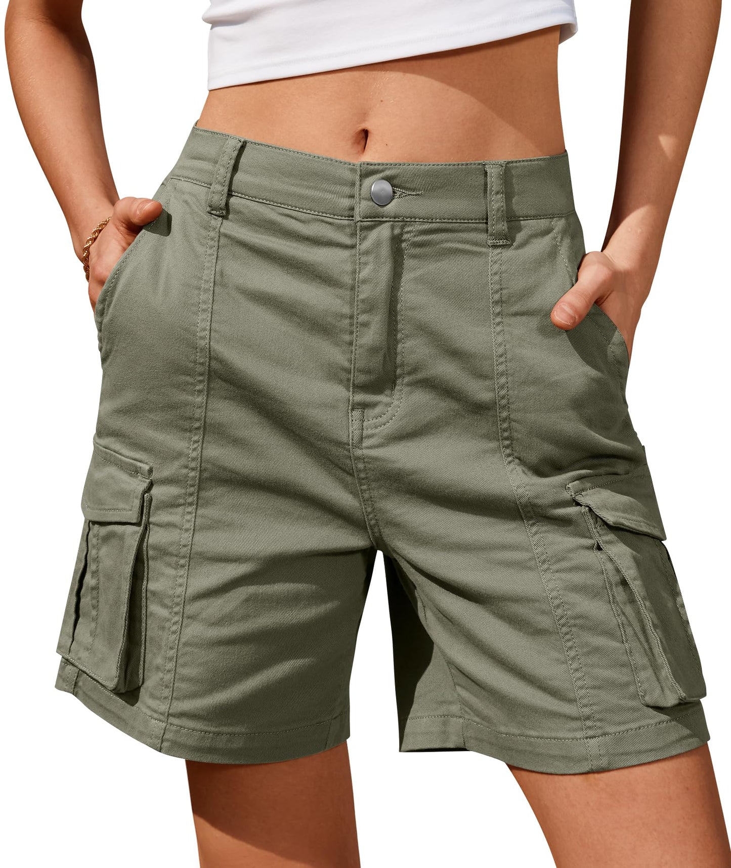 IVIR Bermuda Shorts for Women Cargo Shorts 7 Inch Inseam Knee Length Y2K Summer Outfits Fashion Green Large