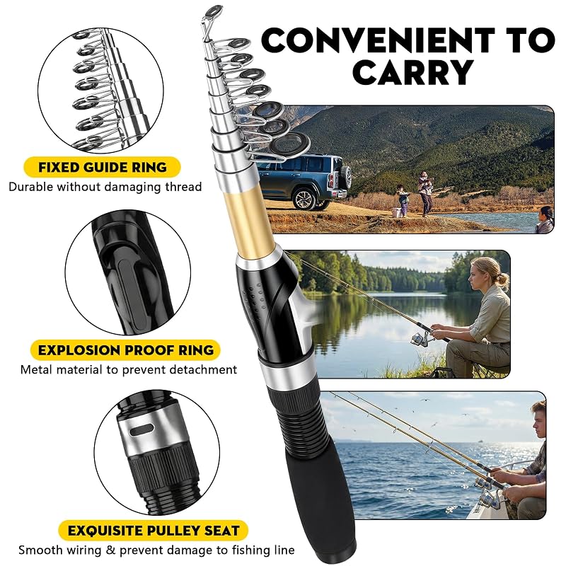 Telescopic Fishing Pole Set with Spinning Reels – 2.1m 2pc Rod & Reel Combo