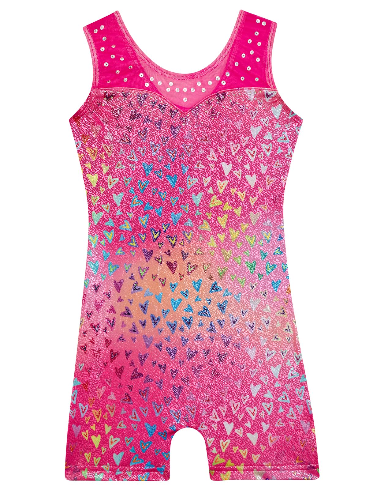 HOZIY Girls Leotards for Gymnastics Mesh Neckline with Iridescent Rhinestones Back Cut Out Sleeveless Size 7-8 Years Love Heart Biketard Shorts Tumbling Outfits Kids Sparkly Shiny