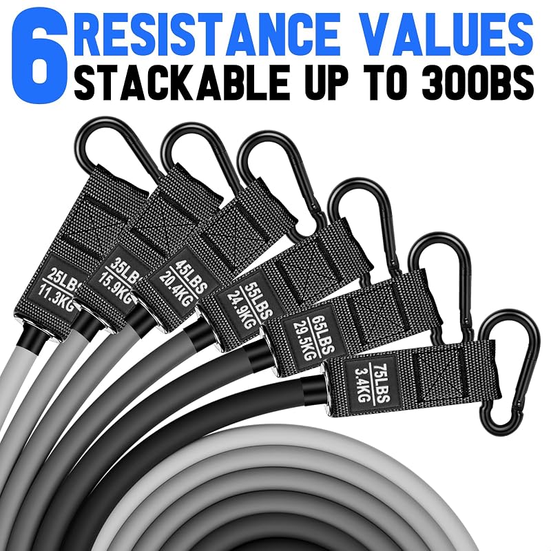 Heavy Duty Resistance Bands Set 300LBS with Handles, Door Anchor, Ankle Straps - Black 300LBS