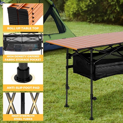 verovita Portable Folding Camping Table, 4-6 Person Aluminum Outdoor Picnic Table with Storage Carry Bag, Adjustable Height Lightweight Camp Table for Beach, Picnic, BBQ and Indoor Use