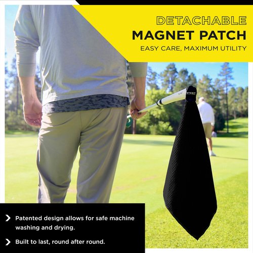 STICKIT Mini Magnetic Towel, Black, Premium Microfiber Waffle Weave, Ultra-Absorbant, Quick-Drying, Industrial Strength Magnet for Golf Bags, Carts & Clubs - Compact, Greenside Towel for Golfers