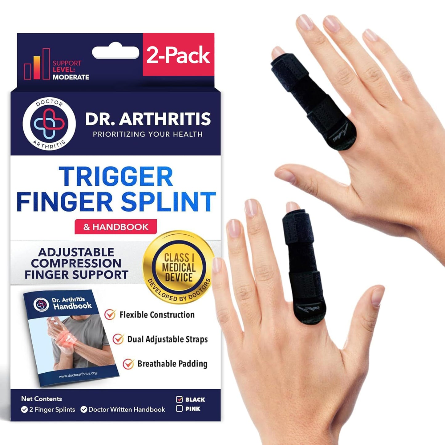 Finger Splint Brace (2 Pack) for Trigger Finger, Finger Arthritis & Finger Pain Relief – Adjustable Compression Finger Support for Sprains, Stiff Joints, Tendonitis & Injury Recovery, Fits Index, Middle, Ring, Pinky Fingers (Black, Regular)