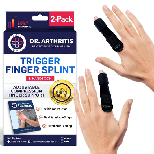Finger Splint Brace (2 Pack) for Trigger Finger, Finger Arthritis & Finger Pain Relief – Adjustable Compression Finger Support for Sprains, Stiff Joints, Tendonitis & Injury Recovery, Fits Index, Middle, Ring, Pinky Fingers (Black, Regular)