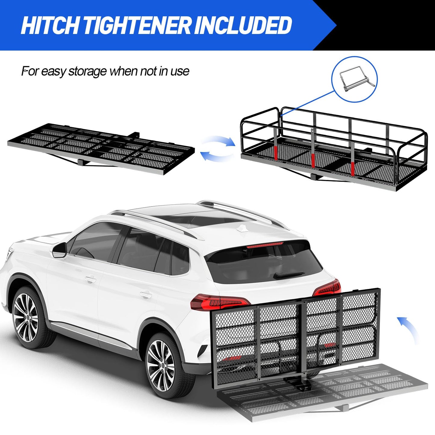 FORWODE 500 LBS Hitch Cargo Carrier Basket, 60"x24"x14" Folding Hitch Cargo Carrier Rack with High Side Rail for 2 Inch Receiver, Car Rack Rear Luggage Basket with Cargo Net