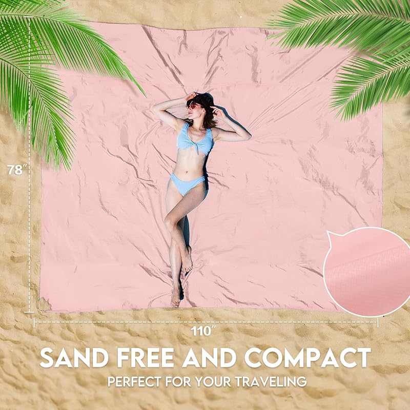 Beach Blanket 78'' x 110'' Waterproof Sandproof Oversized Nylon | Includes Stakes