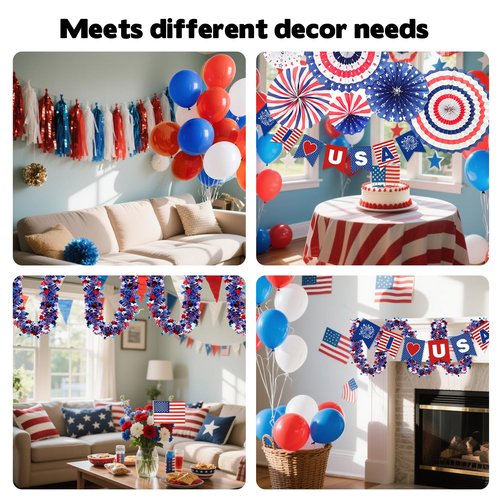 4th of July Patriotic Bike Decor Include USA Patriotic Banner Paper Flower Fans USA Flags Tinsel Garlands Red White Blue Balloons Bike Ribbon Streamers and Paper Streamers Patriotic Bike Decor Set