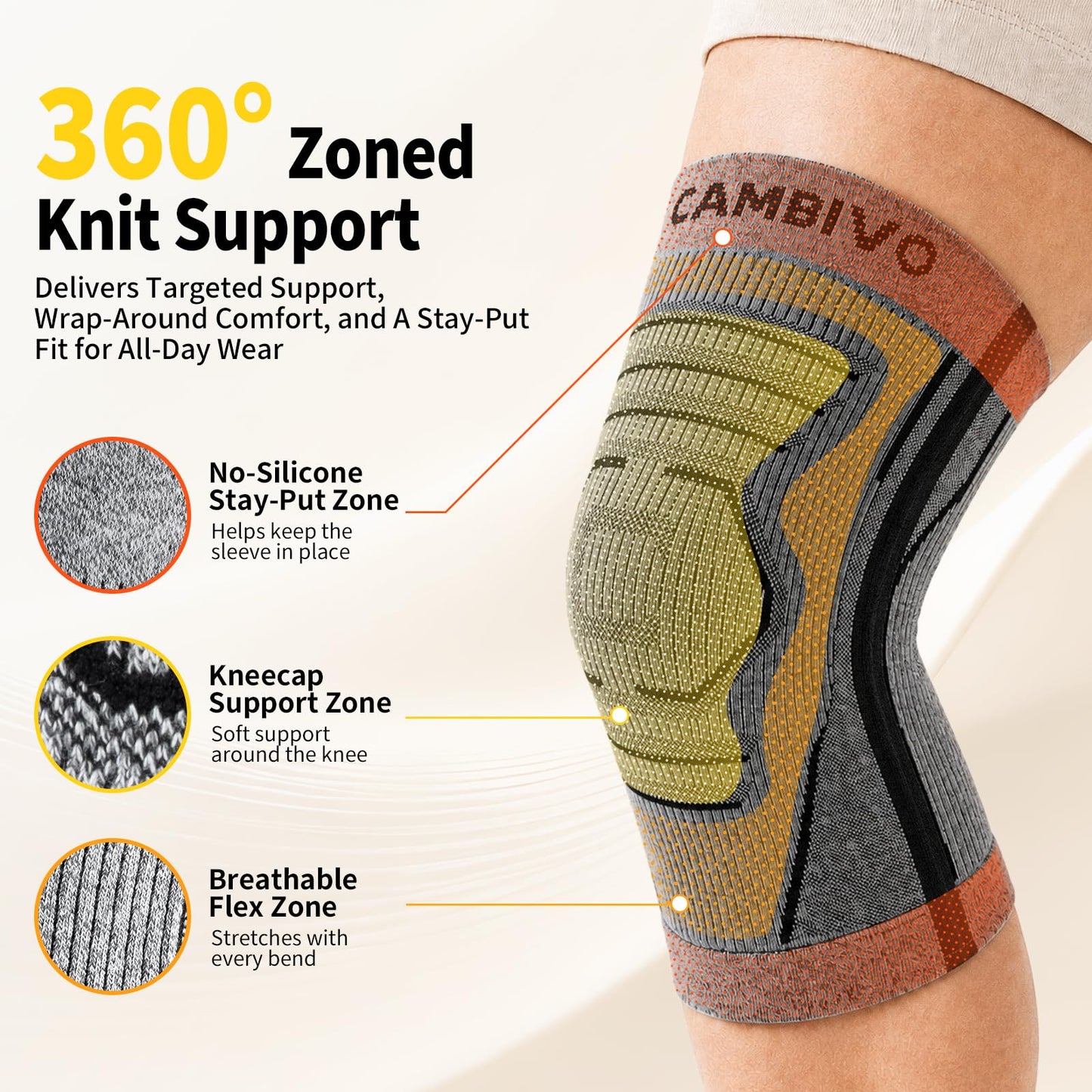 CAMBIVO 2 Pack Knee Brace for Women & Men, Latex Free & Silicone Free Compression Knee Sleeves with Side Stabilizers, Lightweight Knee Support for Arthritis, Meniscus, Walking, Running (Gray, Large)