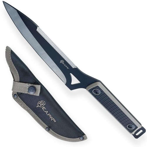 Reapr Versa Camp Fixed Blade Knife – 6.5″ Black-Cerakote 420 Stainless Steel Blade with Serrated Spine & TPR Handle, Full Tang Outdoor Knife with Belt Sheath