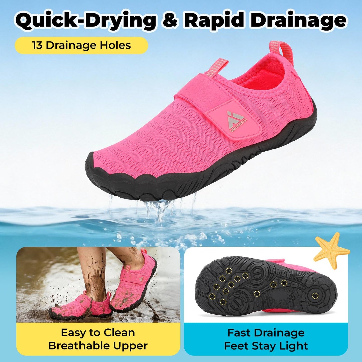 Mishansha Kids Water Shoes Quick-Dry Wide Toe Box Non-Slip Barefoot Shoes Beach Pool Swim Shoes Hot Pink 2 Big Kid