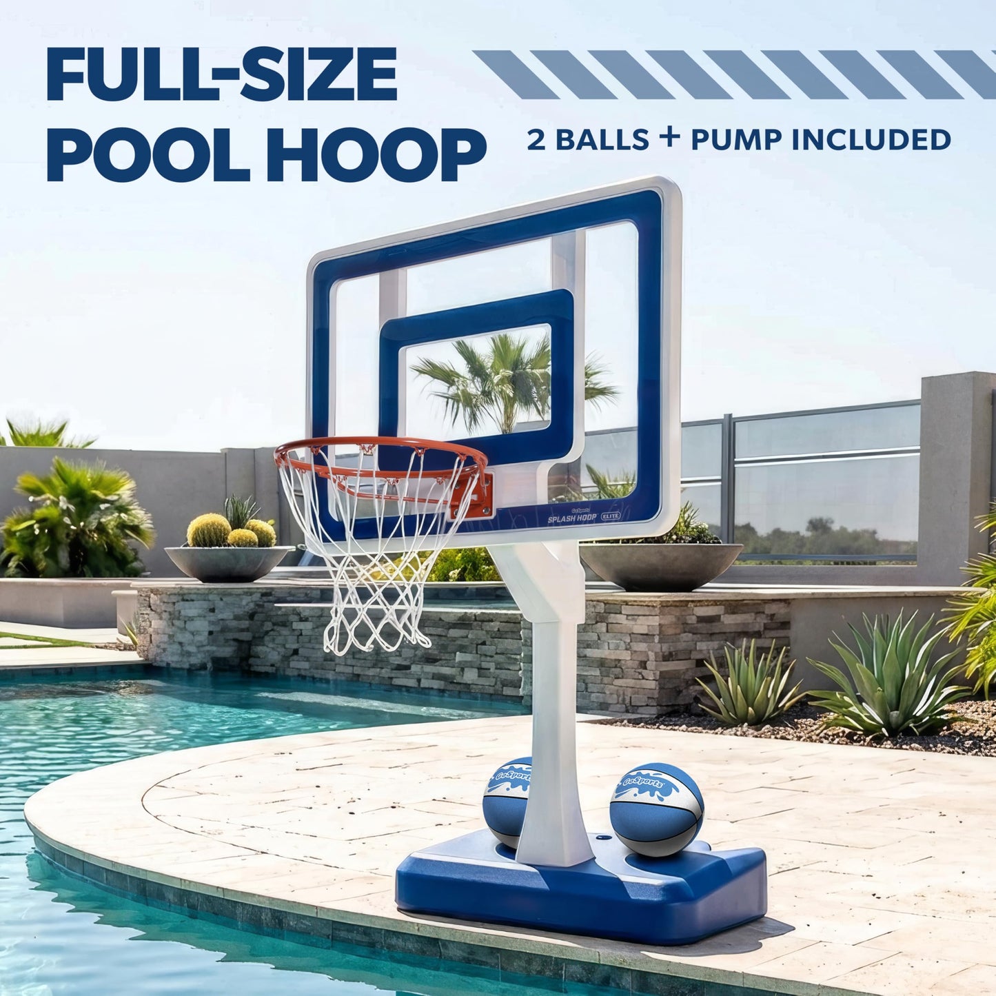 GoSports Splash Hoop Elite Pool Hoop Basketball Game with Water Weighted Base, Adjustable Height, Regulation Steel Rim and 2 Pool Basketballs - Blue