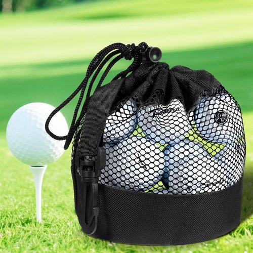 Piriuuo 2 Pcs Golf Ball Storage Bag, Mesh Golf Ball Bags Nylon Golfs Balls Pouch Breathable Drawstring Golfs Shag Bag Organizer for Billiards, Tennis, Kids Toys Storage (Black)