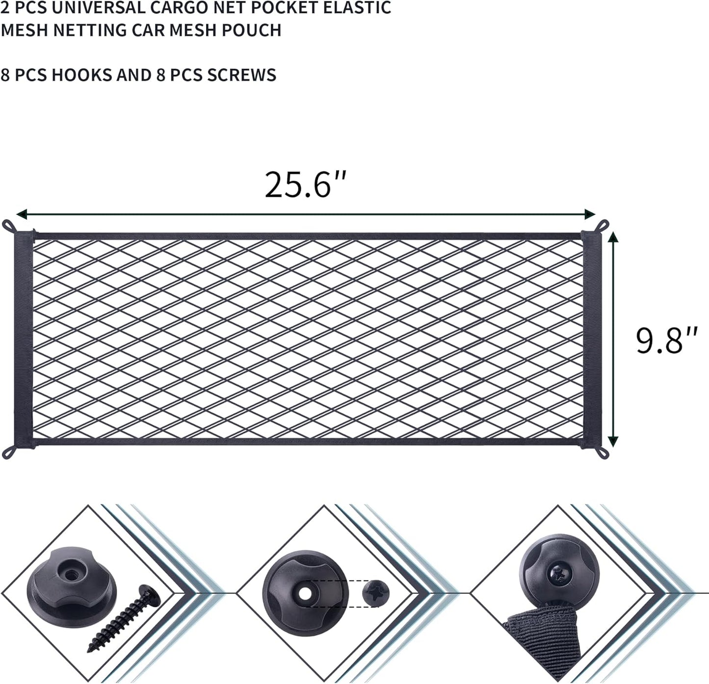 2 Pcs Universal Stretch Mesh Car Mesh Bag with Screws and Hooks for Trunk RV Boats Home Cargo Storage (25.6'' x 9.8'')