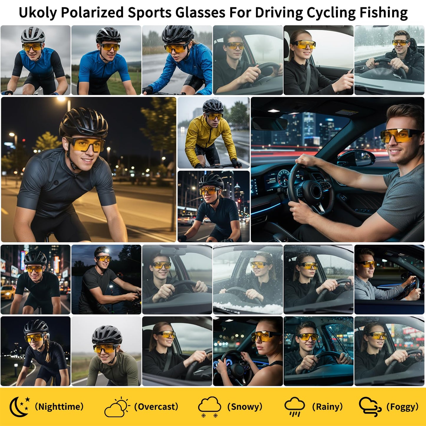 Ukoly Polarized Night Driving/Cycling Glasses For Men Women,Sport Night Vision Glasses Anti Glare HD Lens UV400 Coating