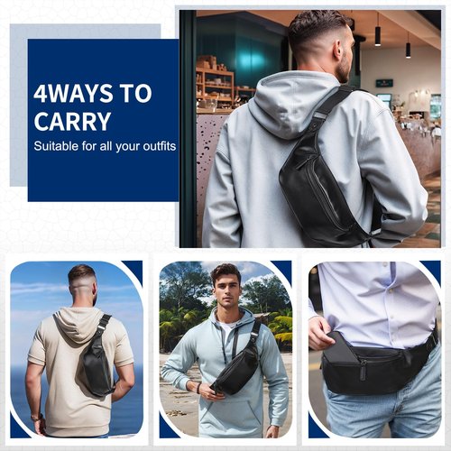 SUIKIHUM Soft Leather Fanny Pack for Women & Men, Crossbody Waist Pack with Adjustable Strap, Large Pocket, Sturdy Zippers, for Travel, Hiking, Running, Black