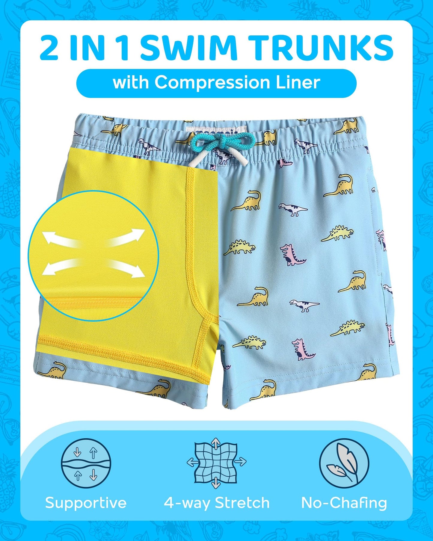 maamgic Boys Swim Trunks with Compression Liner Toddler Boy Swimsuit Quick Dry 4-Way Stretch Swimming Trunks Rubber Dinosaur Green 3T