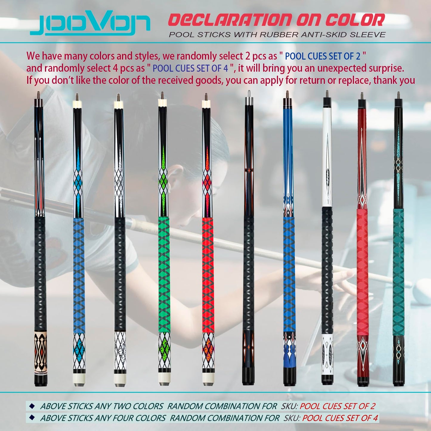 Joovon Pool Sticks Set of 4 and Pool Sticks Set of 2 with 13mm Cue Tip 58" Pool Cue with Rubber Anti-Skid Sleeve