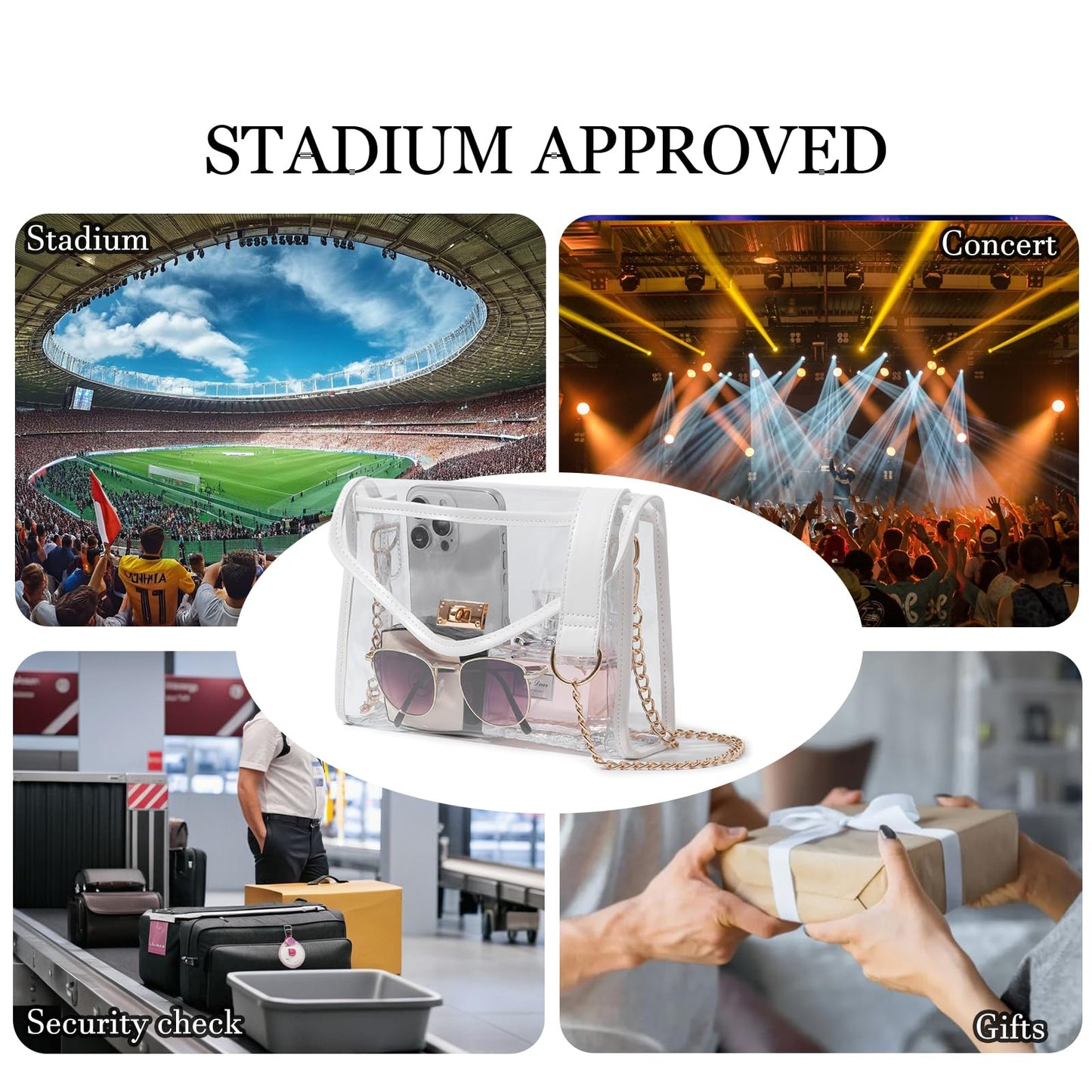 Bucosd Clear Purse for Women Stadium Approved, Clear Crossbody Bag with Leather Edging for Concert Sports events (White - Gold Chain with Shoulder Strap Pad)