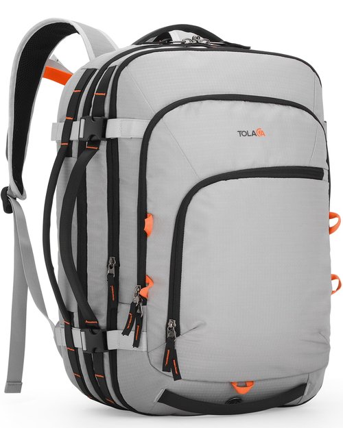 Tolaccea Travel Backpack, TSA Friendly Flight Approved Carry-on Luggage Water-resistant Business Rucksack, Durable Large Computer Bag Daypack Fits 15.6 Inch Laptop, 35-45L Expandable - Grey