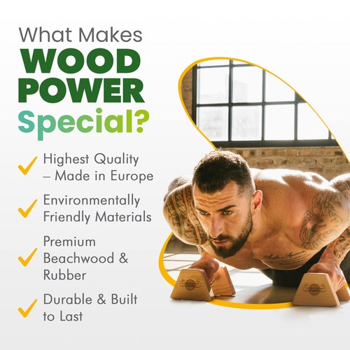 WOODPOWER® - PowerBars, Wooden Parallettes Push Up Bars, Joint-Friendly Beech Wood Calisthenics Equipment for Home, Durable Handstand Trainer Push Up Handles for Floors, XS, Set of 2 (Classic)
