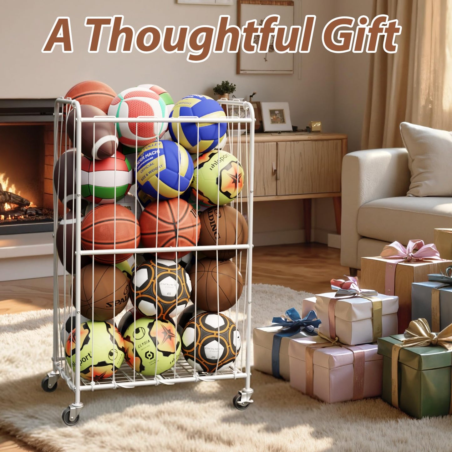 YKDIRECT 210L Rolling Ball Organizer with Locking Wheels - Large Sports Storage Basket for Basketball Soccer Football Volleyball, Steel Garage Equipment Cart with Elastic Rope for Household Storage