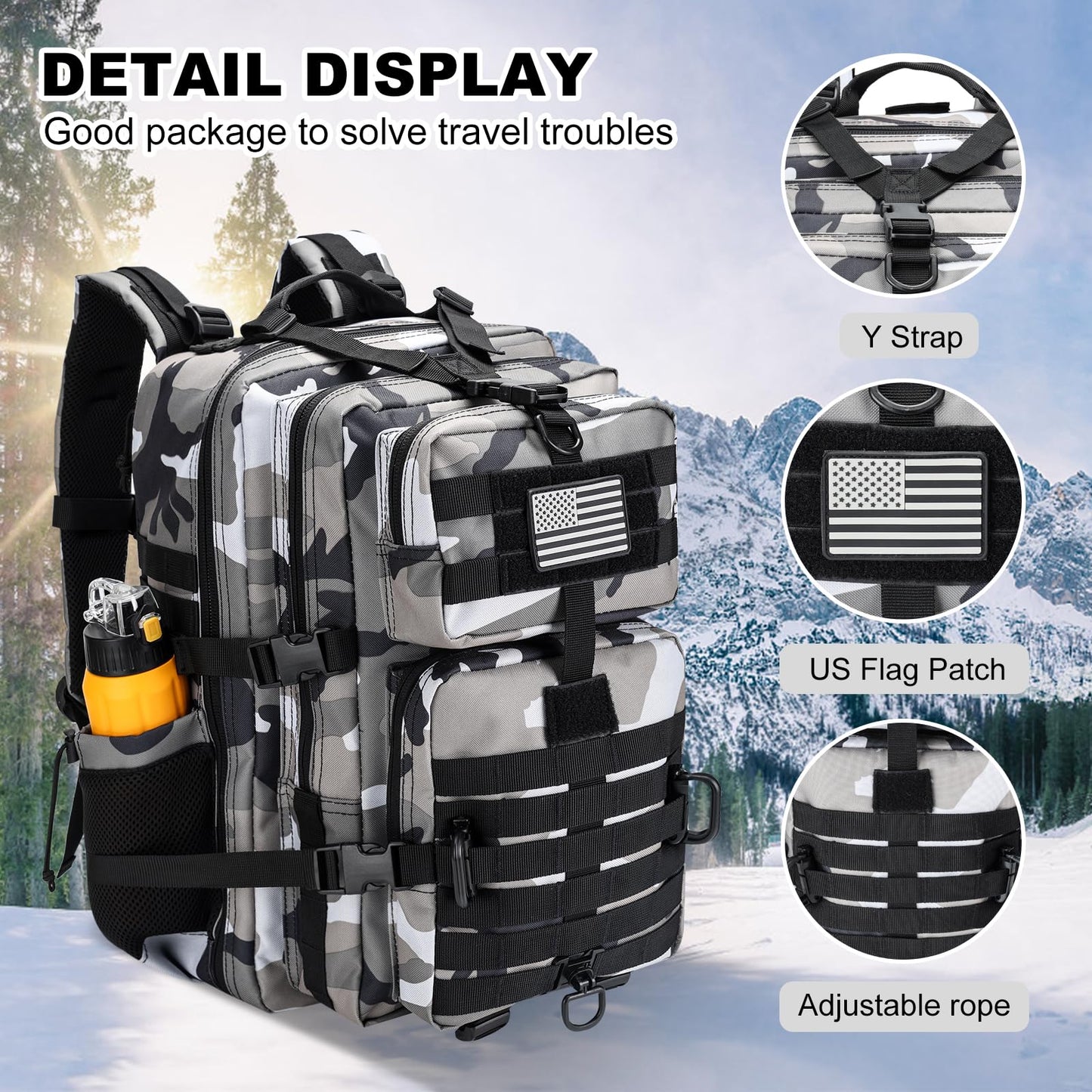 Hannibal Tactical 45L MOLLE Assault Pack, Tactical Backpack Military Army Camping Rucksack with Bottle Holder, 3-Day Pack Trip w/USA Flag Patch, D-Rings, Urban