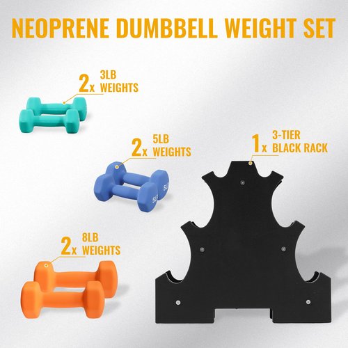 Fitvids Neoprene Dumbbell Set with Rack, 3/5/8LB Pairs, 32LB Set with Rack