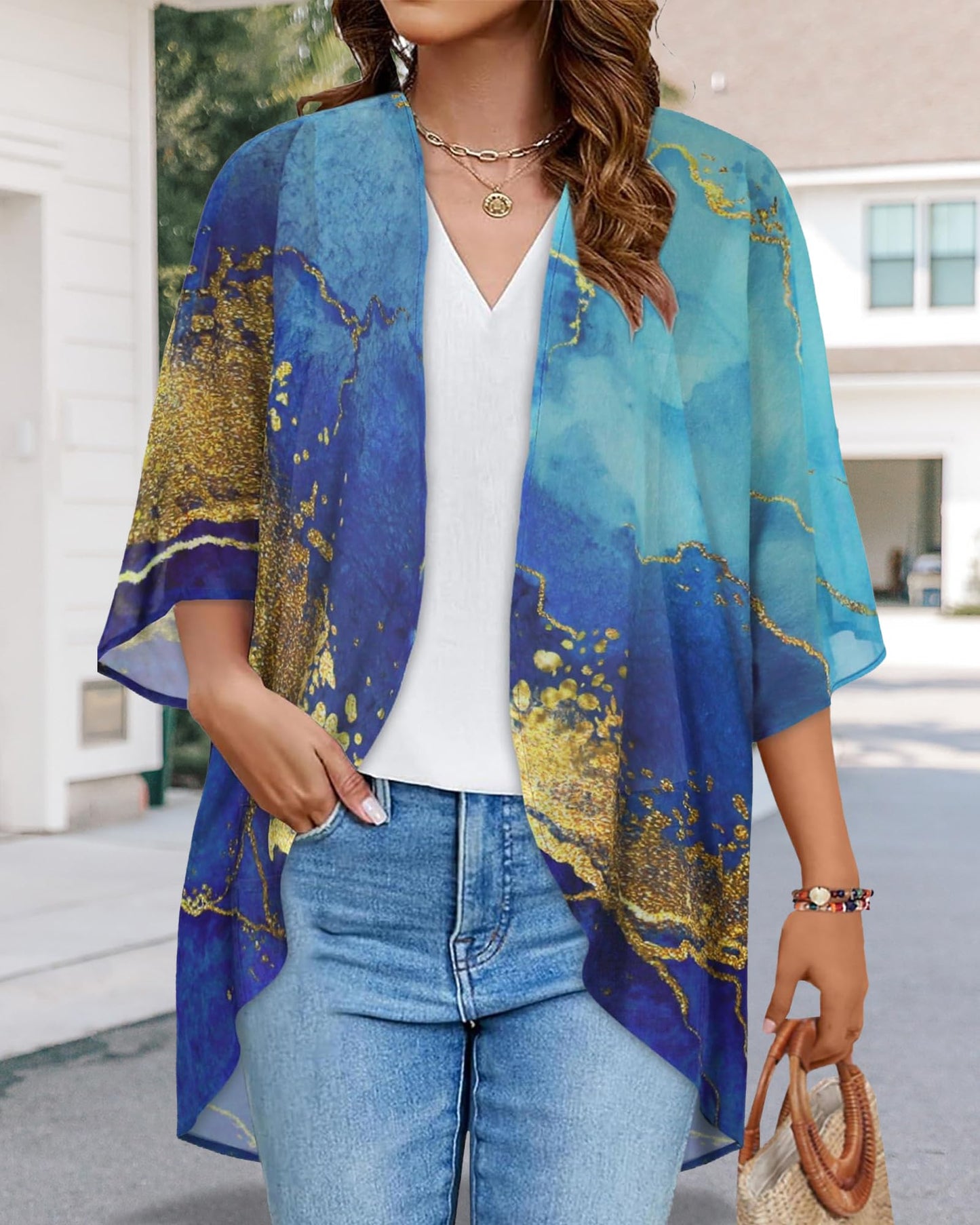 Women's Floral Print Puff Sleeve Kimono Cardigan Loose Cover Up Casual Blouse Tops(Gloden Blue,XL)