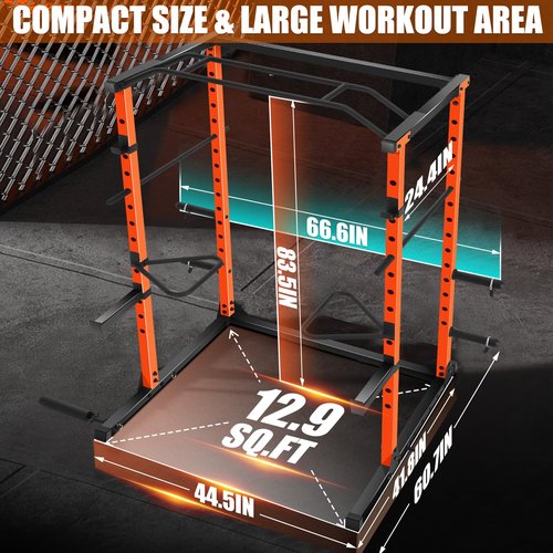 OPPSDECOR Power Cage Squat Rack, Multi-Functional Power Rack with Cable Pulley System, Pull Up Bar, J-Hooks and More Training Attachment, Heavy-Duty Weight Workout Cage for Home Gym (Orange)