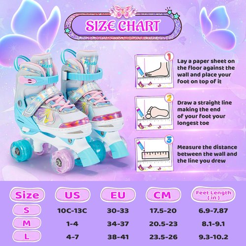 Girls Roller Skates, Butterfly Design 4 Size Adjustable Kids Roller Skates for Girls, Boy and Women, Fun Illuminating Toddlers Quad Skates for Beginners Youth Indoor Outdoor(Small, Pink Green)