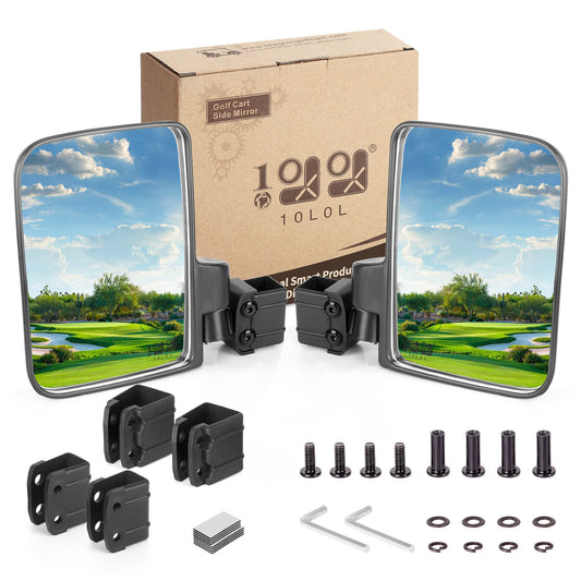 10L0L Golf Cart Mirror, No Drilling Extra Large Side View Mirror Universal for Yamaha, Club Car, EZGO, Folding Side Rear View Mirrors Adjustable 180 Degree (Black Clips)