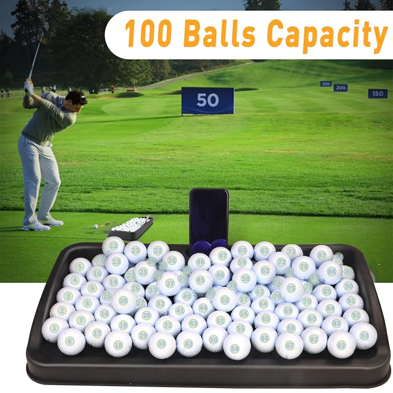 Heavy Duty Golf Ball Tray with Cell Phone Holder, 100 Ball Capacity, Black - Compatible with All Hitting Mats