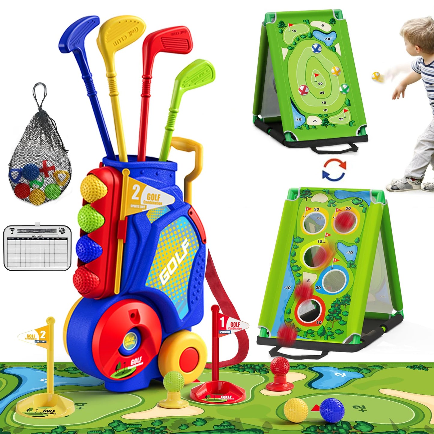 HYES 3 in 1 Toddler Golf Set with Putting Mat & Sticky/Golf Game, Kids Golf Club with 8 Balls, 4 Plastic Clubs, Scoreboard, Indoor Outdoor Sport Toys with Golf Cart Gift for Boys Girls Aged 2-5, Blue