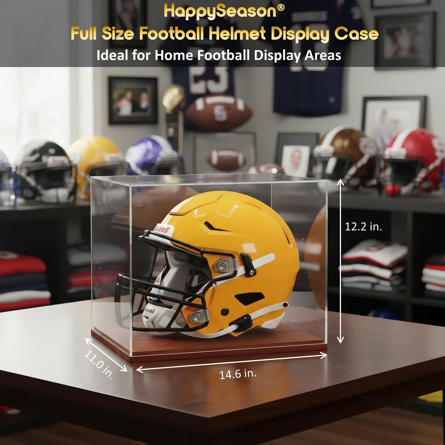 Happyseason Football Helmet Display Case, One-Piece Acrylic, Solid Wood Base, Full Size Helmet Display Case, Sports Collectible Memorabilia, No Assembly Required (Cherry Brown, Full Size)