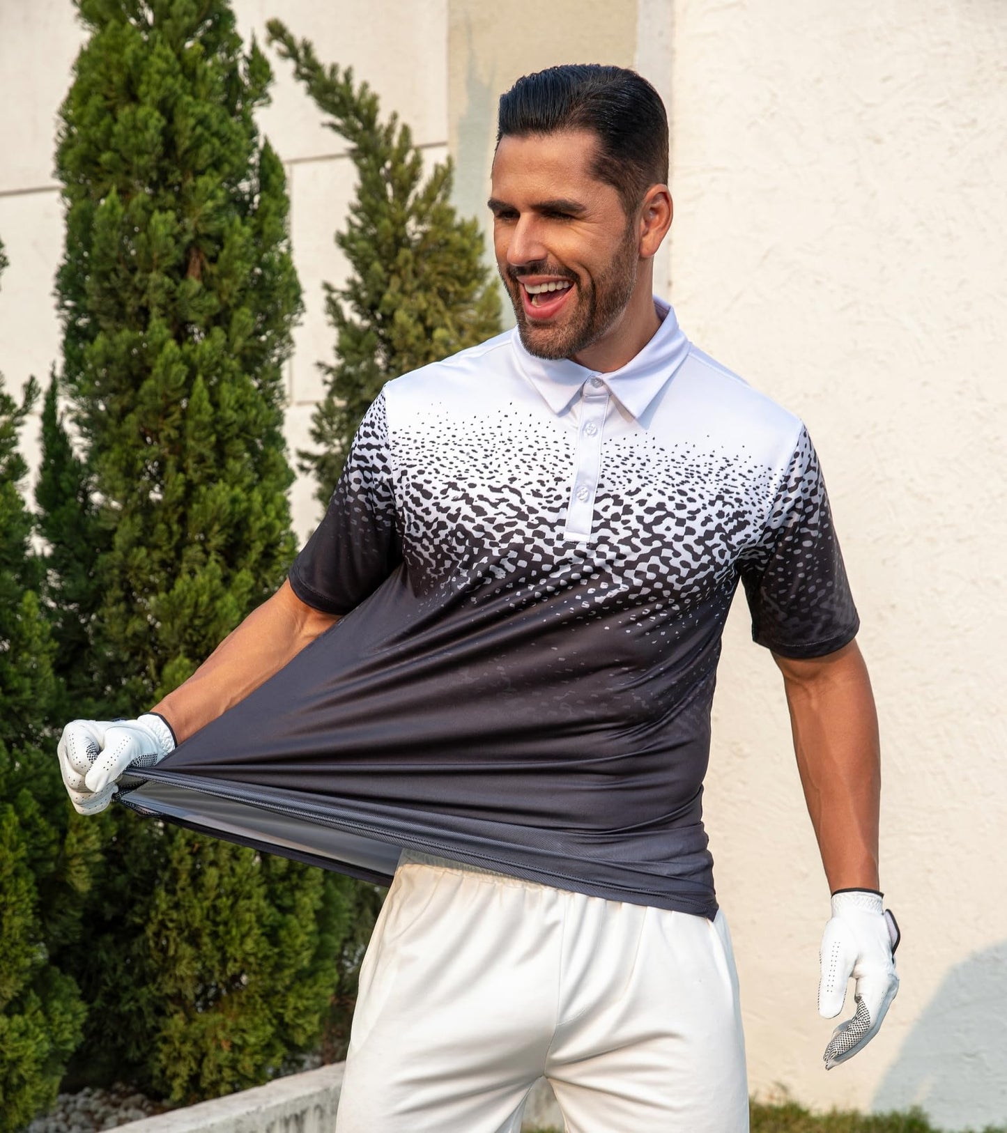 uideazone Mens Golf Shirts Short Sleeve 3D Print Athletic Polo Shirts White Black Dry Fit Performance Moisture Wicking Collar Tops