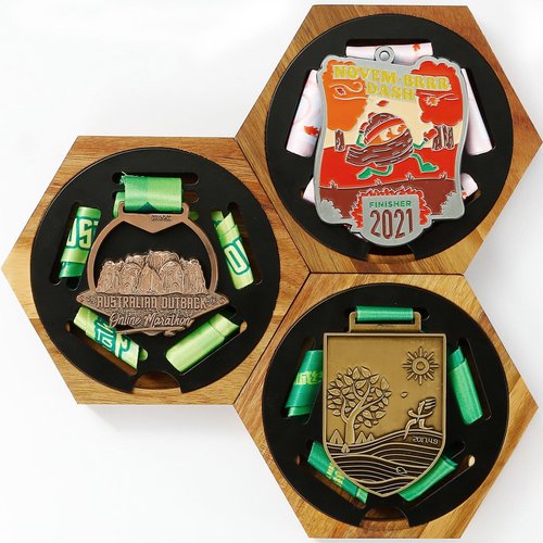 JupDec Medal Hanger Display Honeycomb Wooden Hexagon for Wall, with Strong Magnets & Black Round Iron Medal Holder for Sports Marathon Gymnastics, 7 Pack