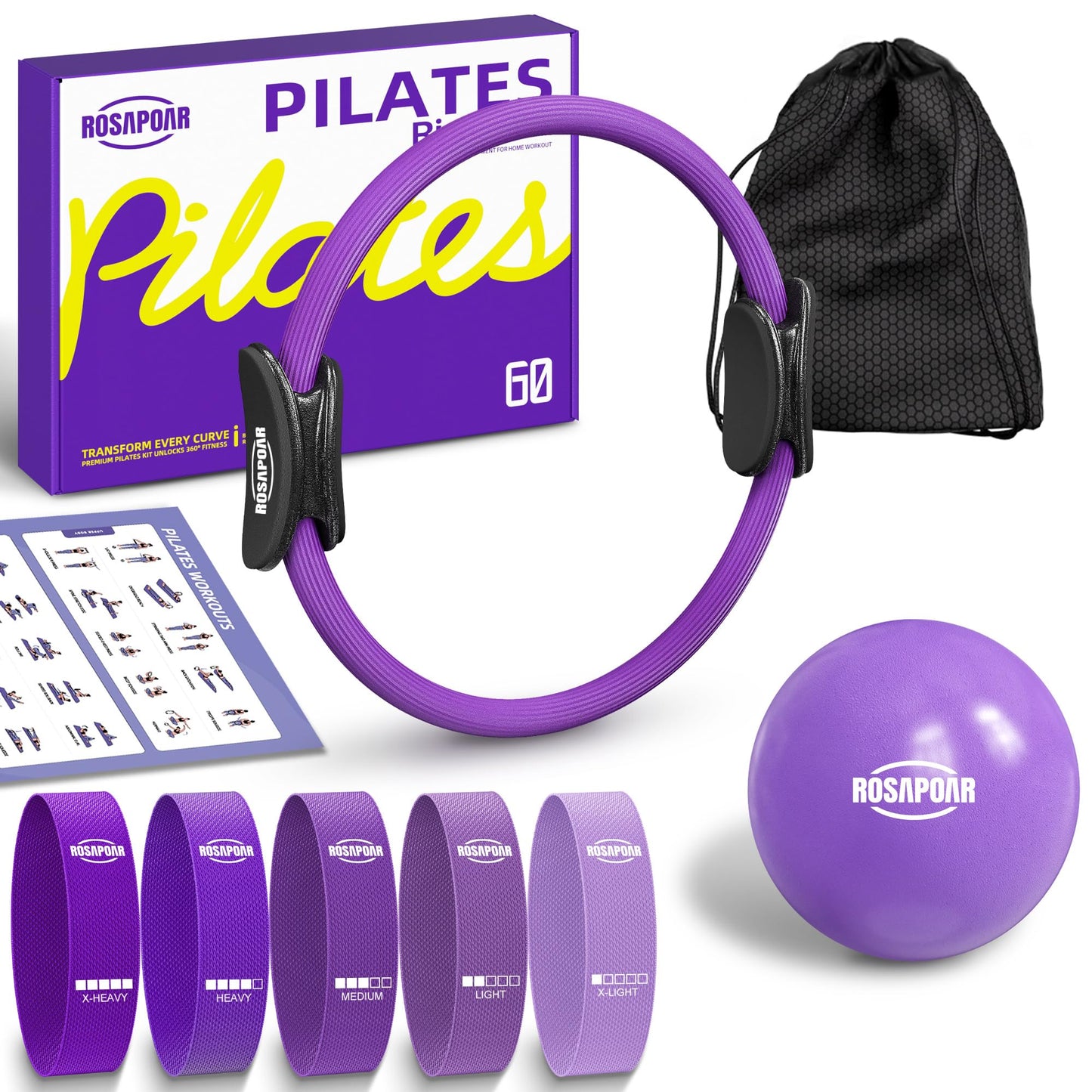 ROSAPOAR Pilates Kit - 14" Pilates Essentials Kit for Women, Pilates Ring Set - Magic Circle with 9'' Yoga Ball for Home Workouts, Toning & Core Sculpting Pilates Equipment - Purple