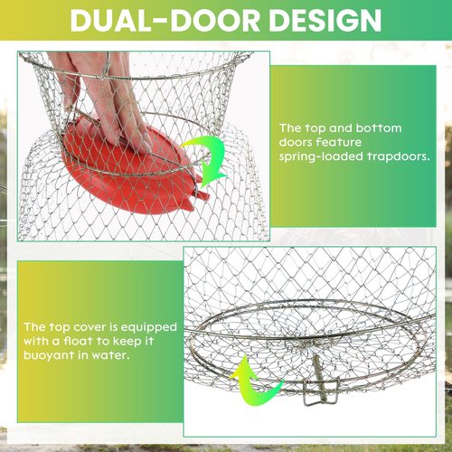 AMGSH 2 Pack Floatable Galvanized Steel Wire Fish Baskets, Collapsible Caget for Live Caught Fish, Portable Fishing Basket Wire Fishing Net Cage
