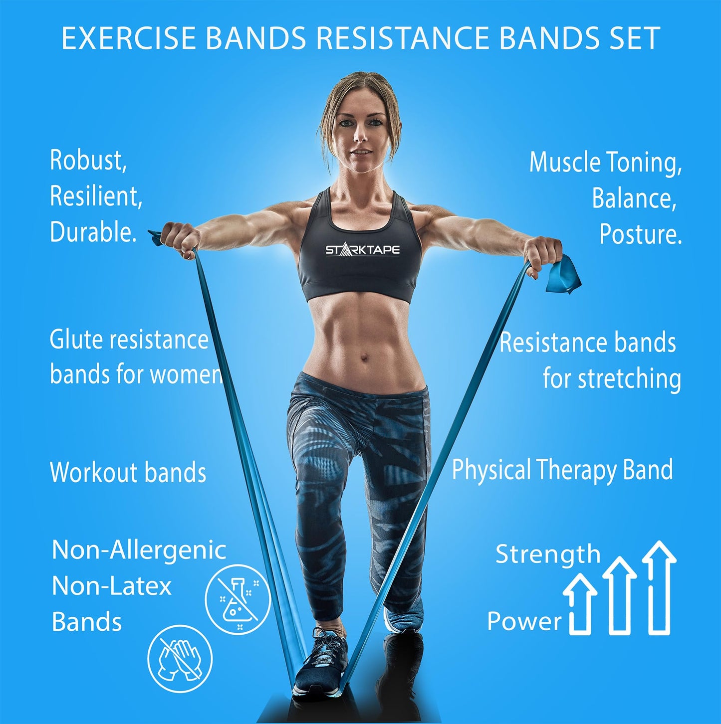 Starktape Resistance Bands Set. 3 or 5 Pack Non-Latex Physical Therapy, Professional Elastic Band. Perfect for Home Exercise, Workout, Strength Training, Yoga, Pilates, Rehab, Gym