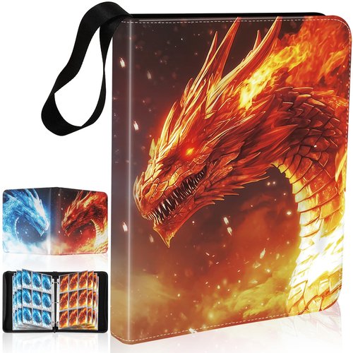 Gbchais Fire & Ice Dragon 9 Pocket Trading Card Binder Album, Holds 900 Cards with 50 Removable Double-Sided Sleeves, Waterproof PU Leather Zipper Binder for TCG, MTG, Sports Cards