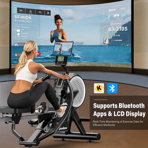 pooboo Full Motion Rowing Machines for Home, Dual Wind & Magnetic Resistance, Foldable Row Machine Up to 400LB Weight Capacity, 14 Levels of Quiet Resistance Rowers for at Home Exercise, App Supported