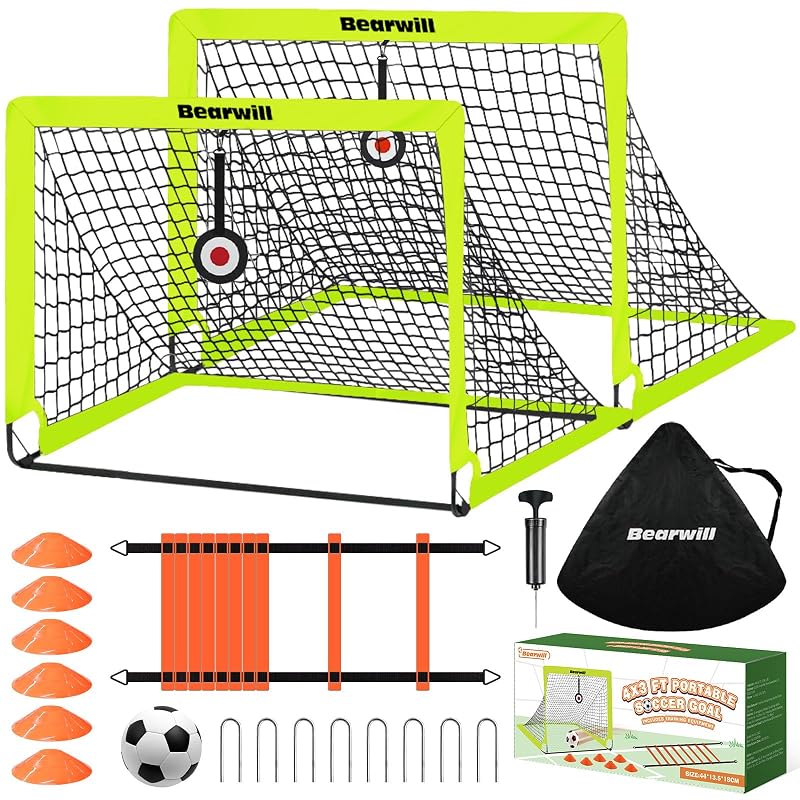 Bearwill Fluorescent Green 4x3ft Kids Soccer Goal Set of 2 – Foldable Backyard Goals