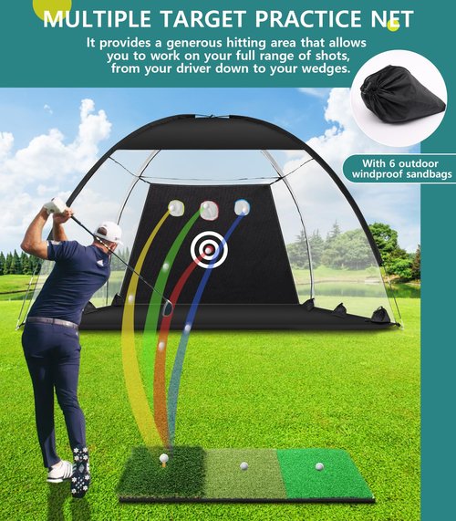 Golf Net: 10x7FT Practice for Backyard Driving, Hitting with Tri-Turf Golf Mat, Indoor Training Chipping Aid Nets with Reduce Noise Nylon Target, Present for Him