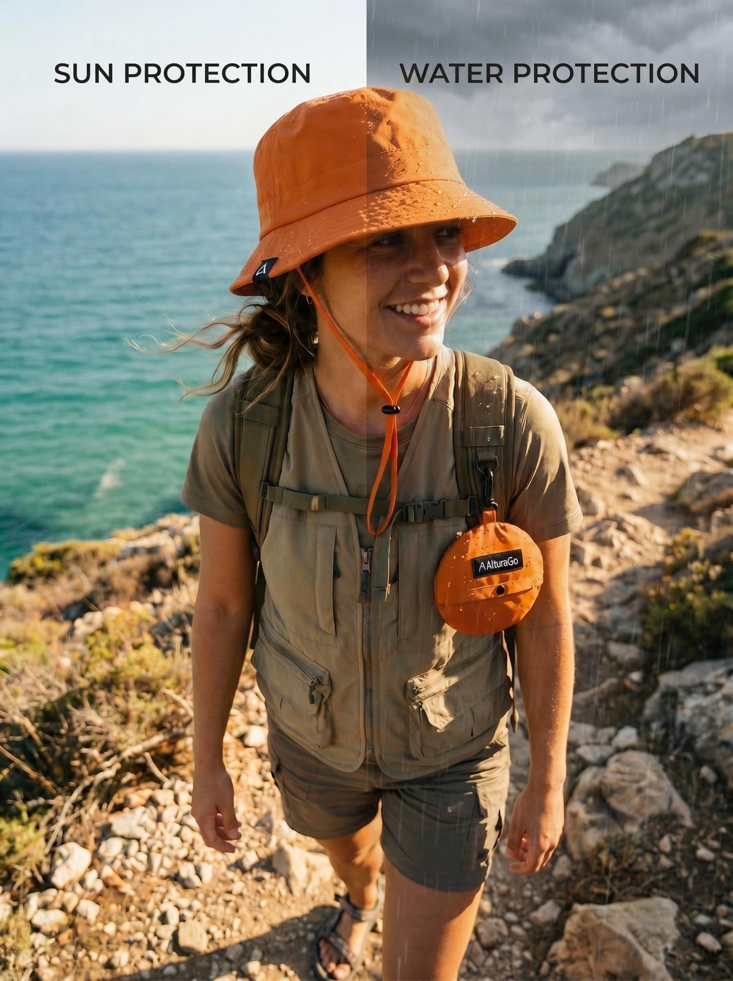 AlturaGo Waterproof Bucket Hat UPF50+ Quick Dry Sun Hat for Men Women Lightweight Hiking Fishing Cap Foldable Packable for Outdoor Travel (US, Alpha, One Size, Neon Orange)
