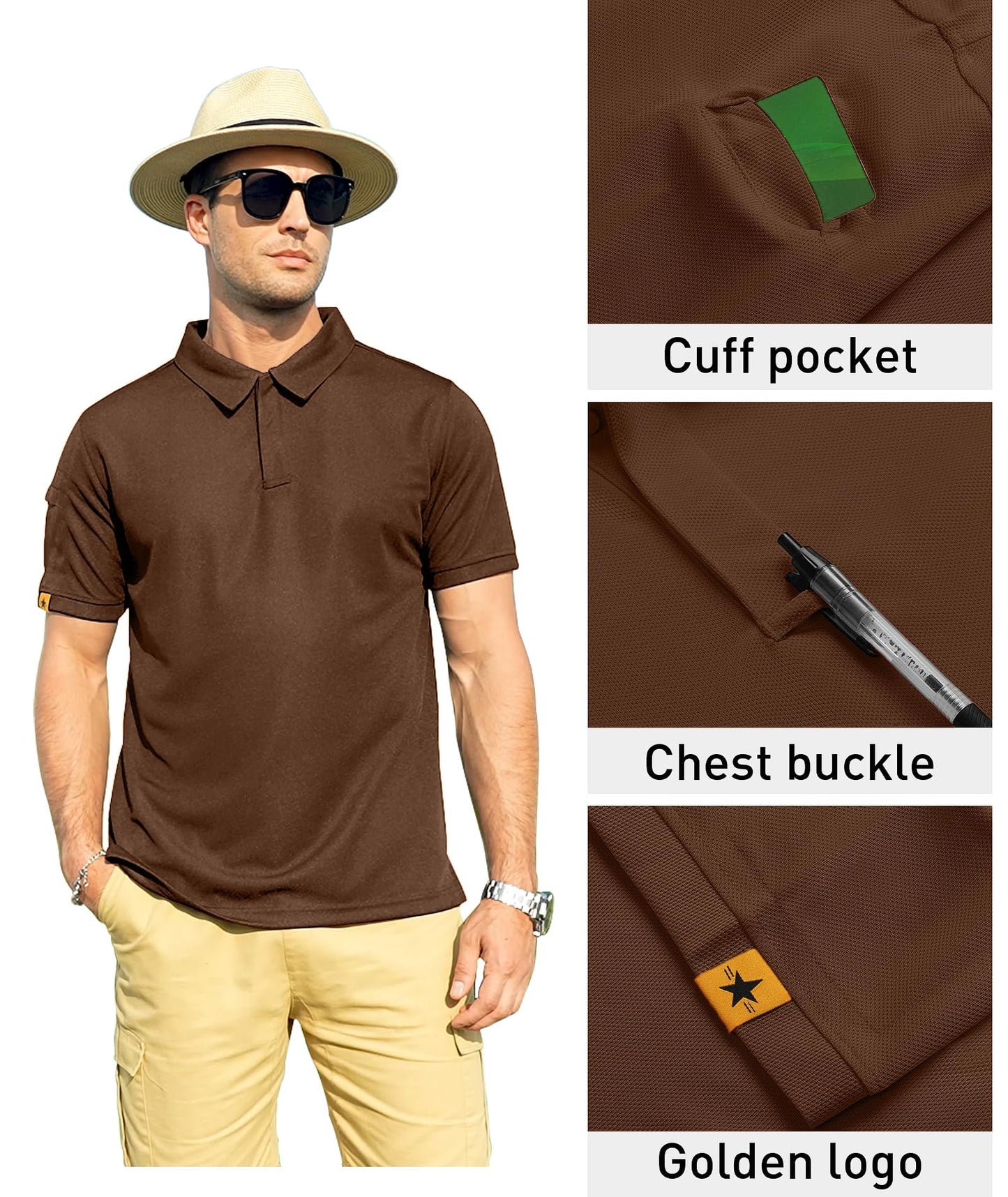 ZITY Mens Polo Shirt Short Sleeve Sports Tactical T-Shirt Athletic Golf Polos Daily Casual Stylish Collared Shirts for Men Brown Large