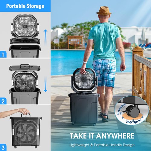 Ausic 20L 12Inch Portable Misting Bucket Fan, 30000mAh Oscillating Outdoor Fans with Remote Control, Rechargeable Battery Powered Camping Fan with Water Spray for Patios, Beach/Travel Essentials