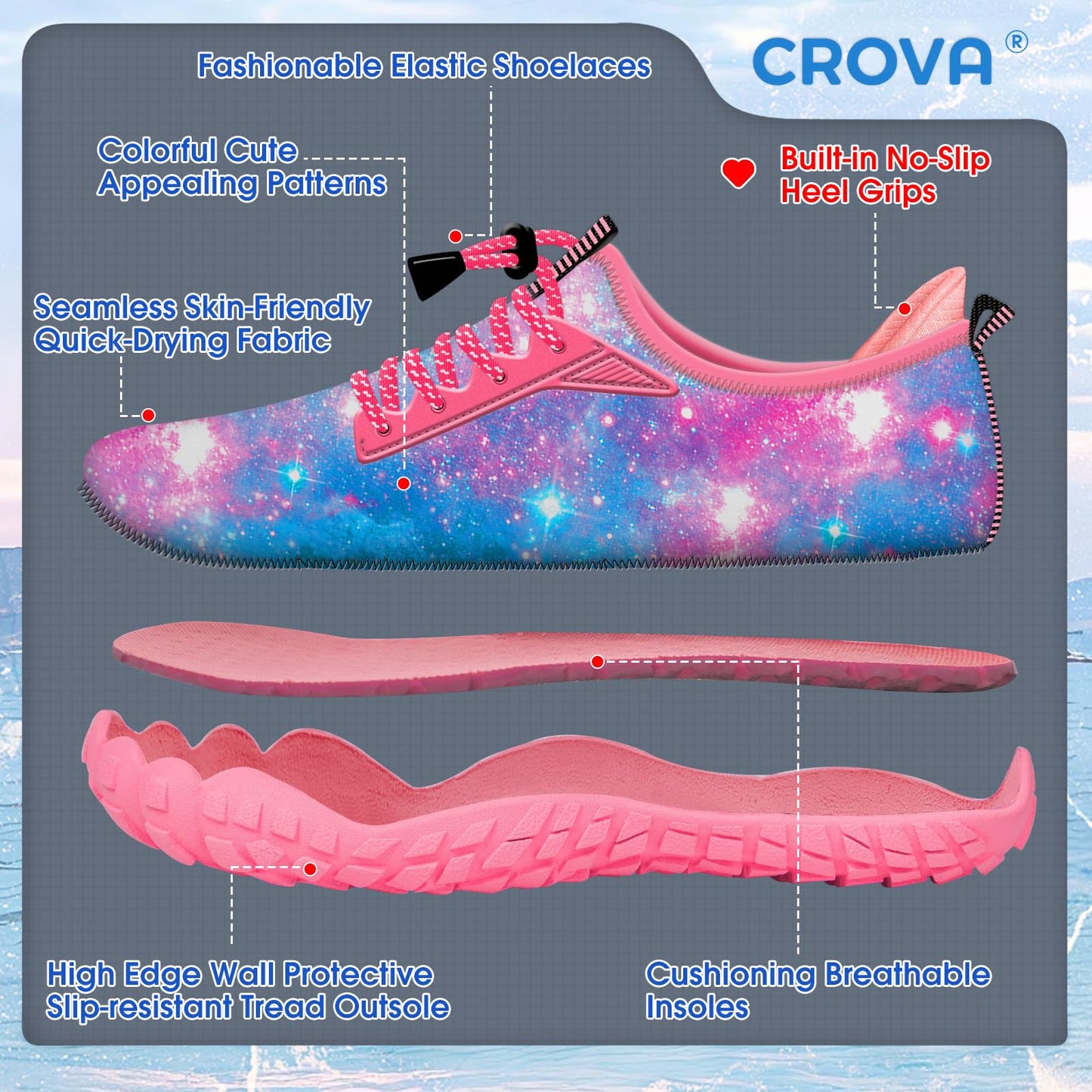 CROVA Built-in Heel Grip Kids Water Shoes for Boy Toddler Girl Wide Toe Box