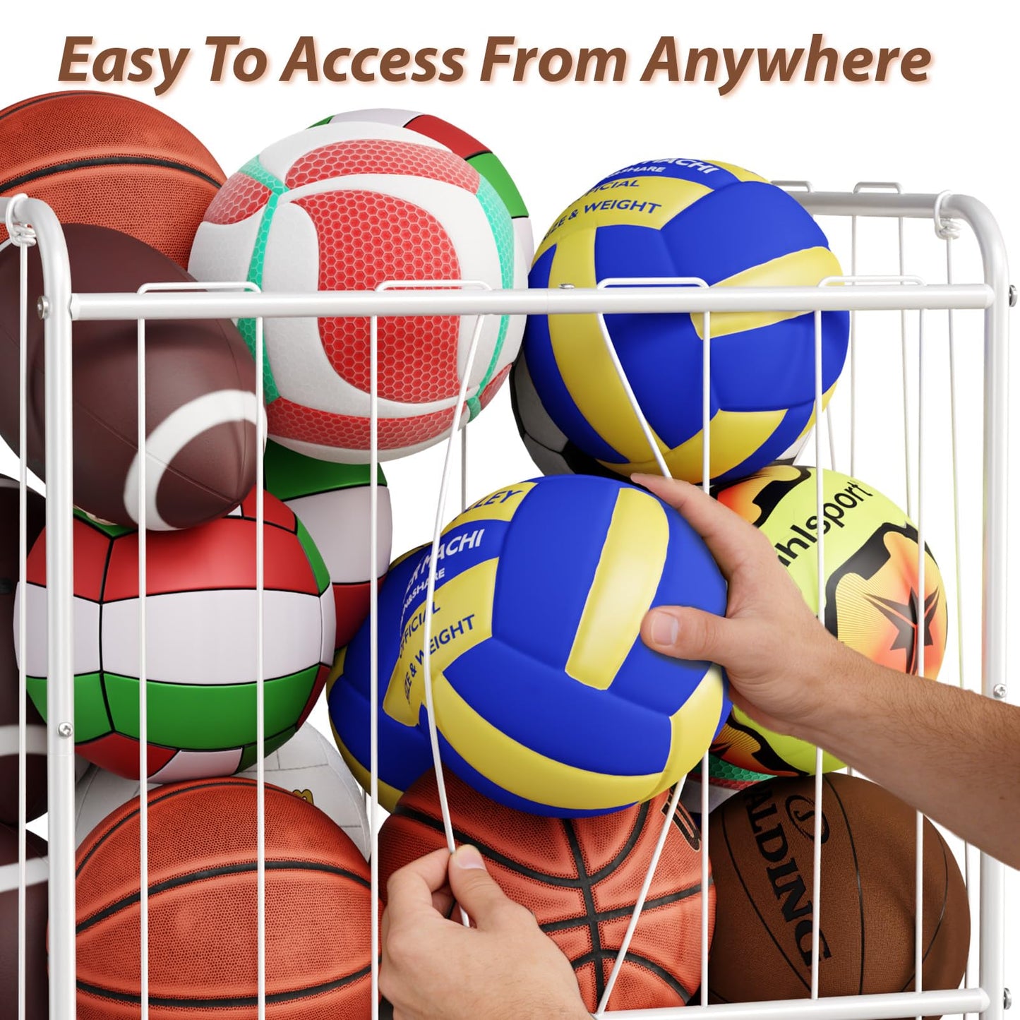 YKDIRECT 210L Rolling Ball Organizer with Locking Wheels - Large Sports Storage Basket for Basketball Soccer Football Volleyball, Steel Garage Equipment Cart with Elastic Rope for Household Storage