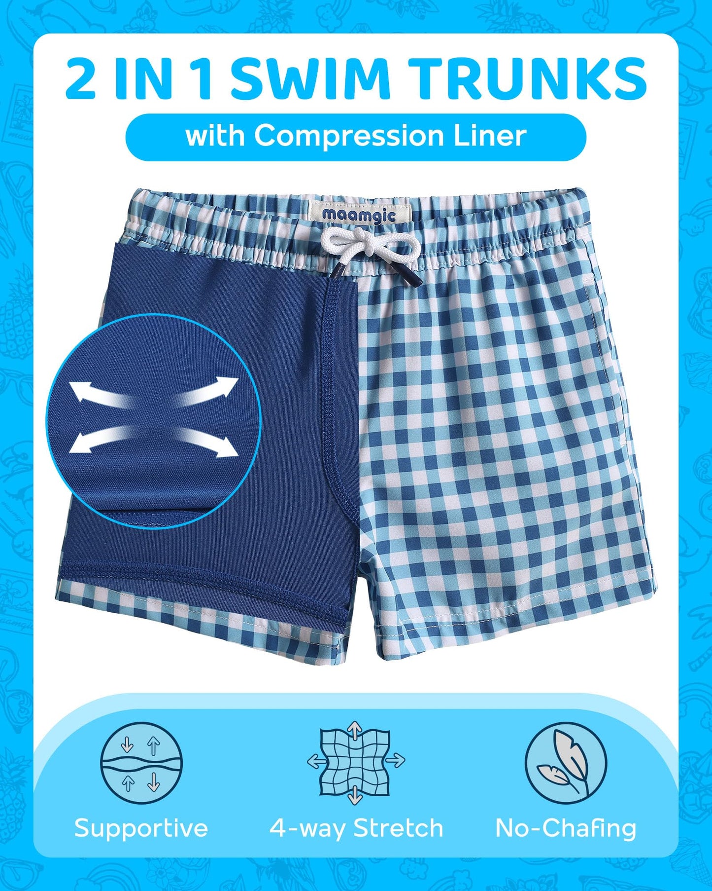 maamgic Boys Swim Trunks with Compression Liner Toddler Boy Swimsuit Quick Dry 4-Way Stretch Swimming Trunks Check Blue 7 Years